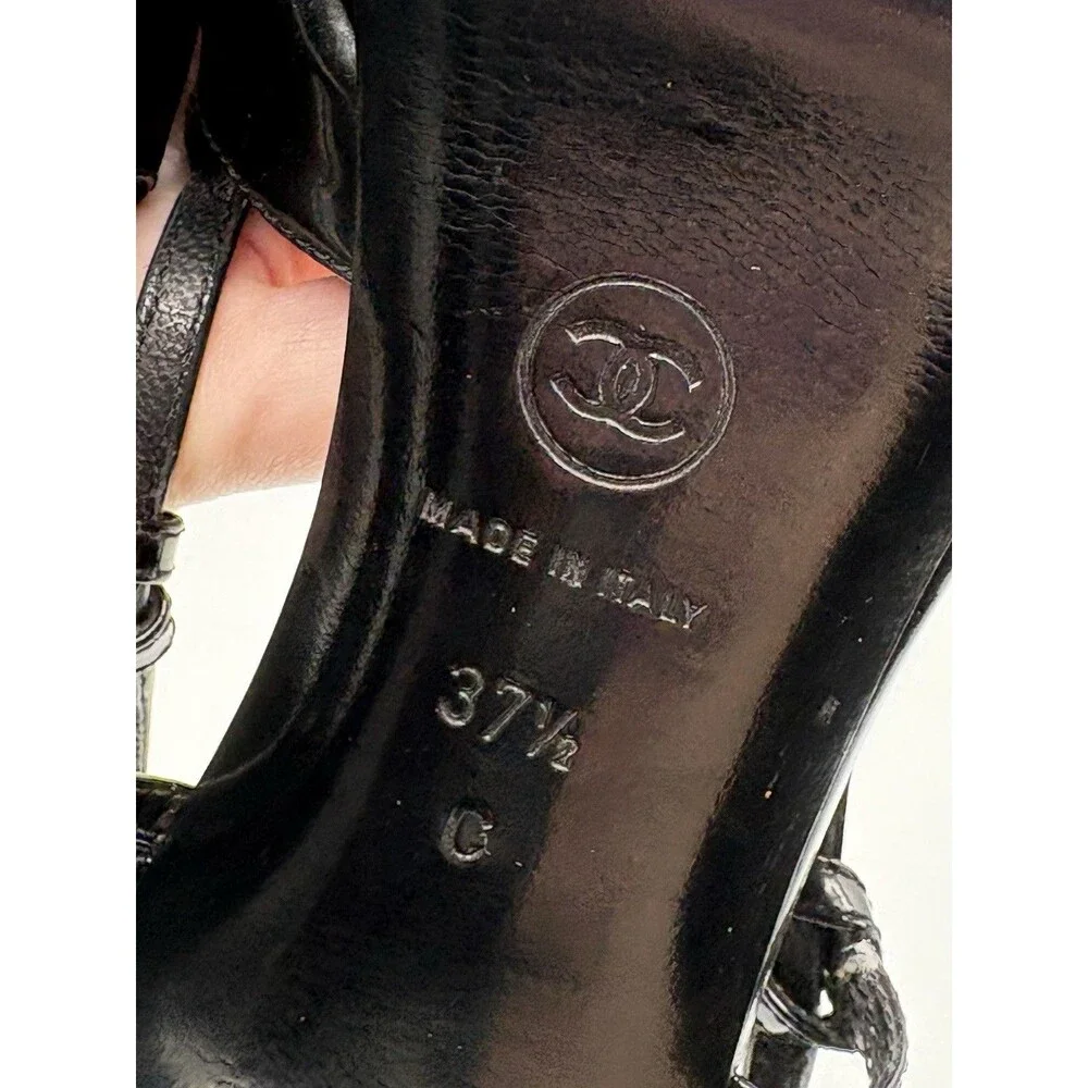 Chanel Black & White Patent Leather Cap Toe Platform Slingback Heel Size EU 37.5
